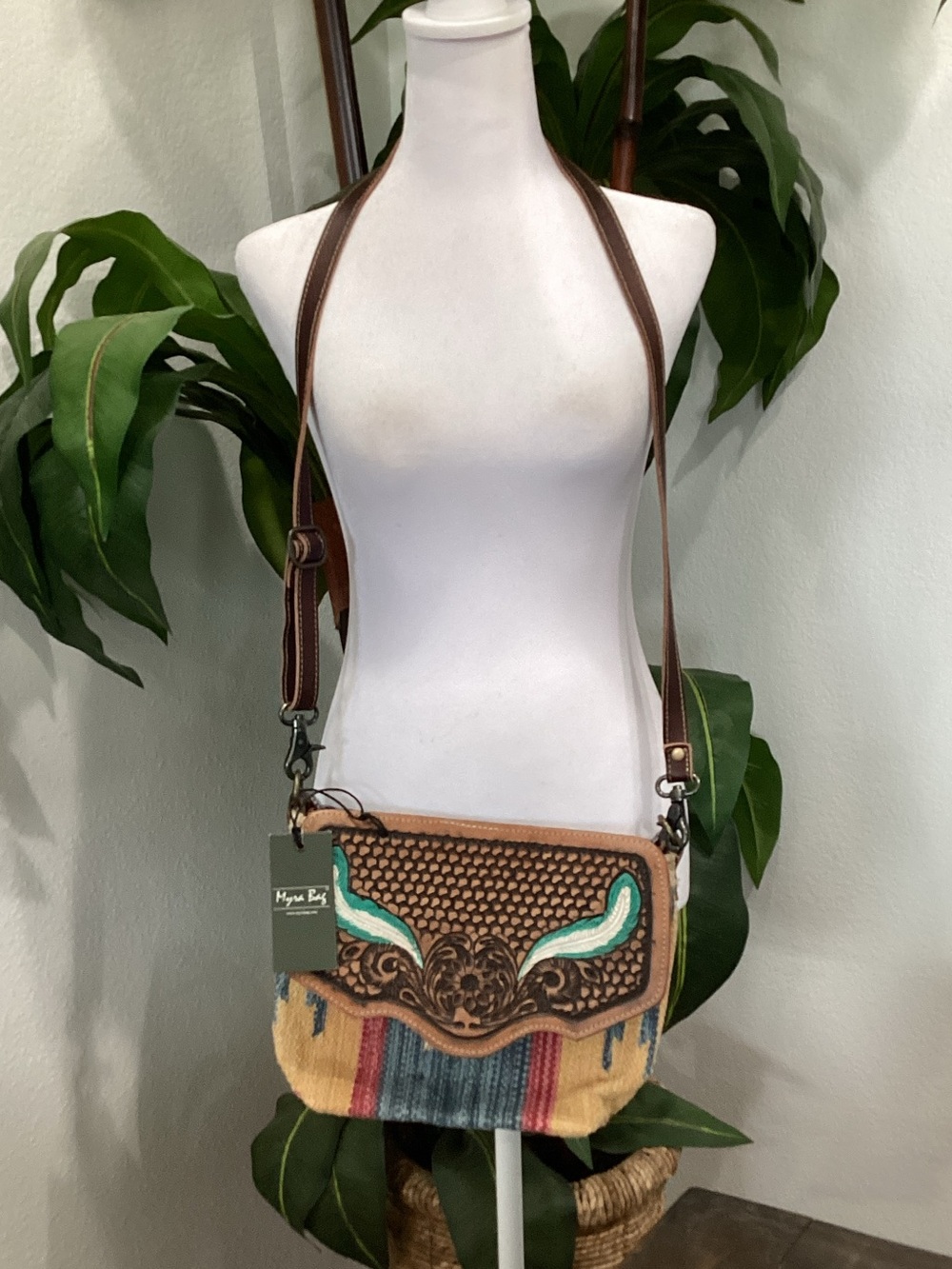 Myra Bag Brown Leather Crossbody with Teal and Multicolor Woven Panel